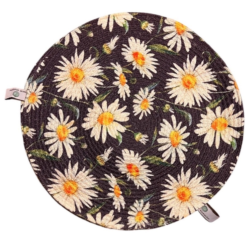 Lauren Alexander Placemats Home Black Floral Daisy Braided Round Set of 4 - 15in